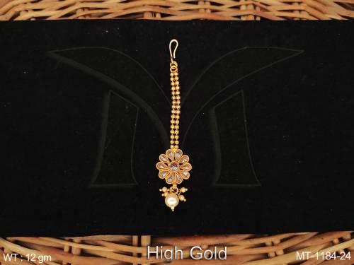 Designer Fancy Style Clustered Pearl High Gold Polish Maang Tikka